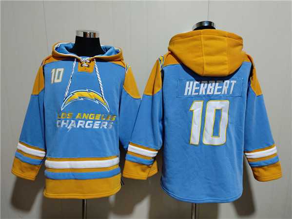 Men's Los Angeles Chargers #10 Justin Herbert Blue Ageless Must-Have Lace-Up Pullover Hoodie,We sell and wholesale Men's Los Angeles Chargers #10 Justin Herbert Blue Ageless Must-Have Lace-Up Pullover Hoodie on line form chian!
